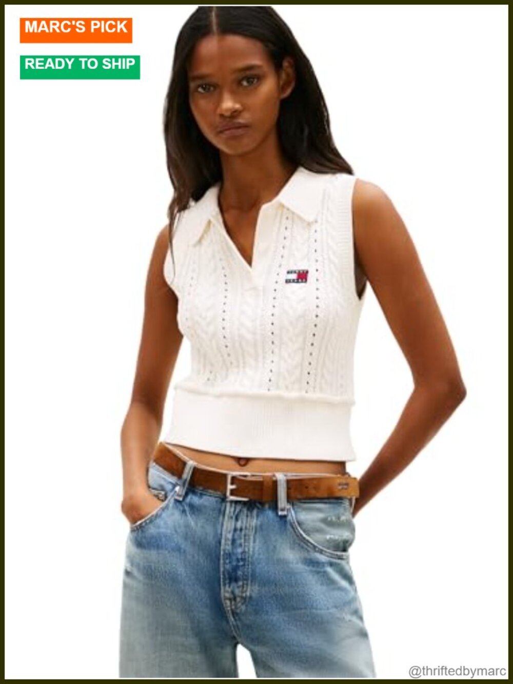 Sleeveless Cable Sweater Cropped Polo Button Collar Slim Fit Cotton